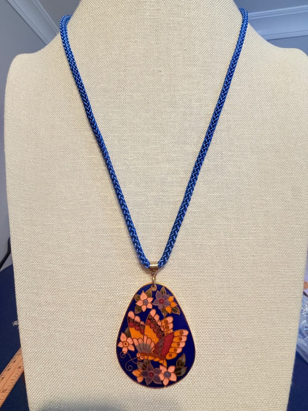 Vintage Cloisonne Butterfly Pendant Necklace 26”